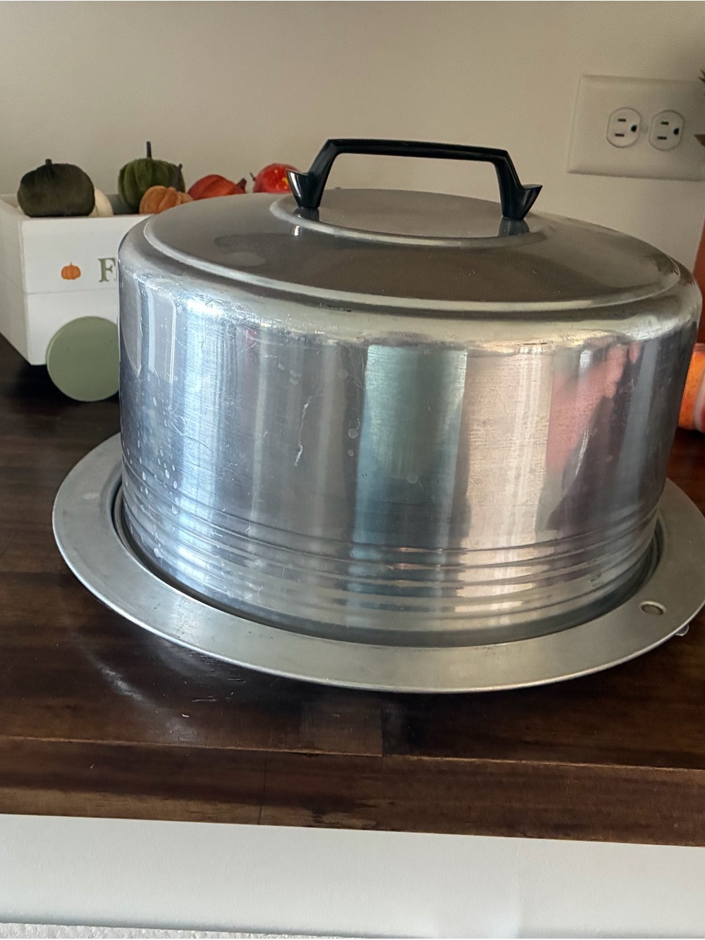 Vintage Aluminum Cake Carrier with Black Handle - Silver